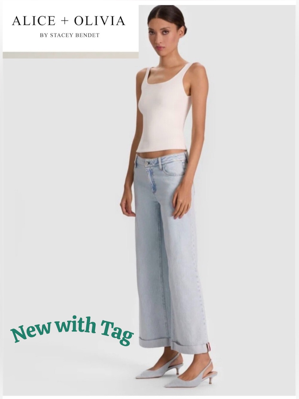 Alice + Olivia Light Blue Wide-Leg Roll Cuff Jeans
